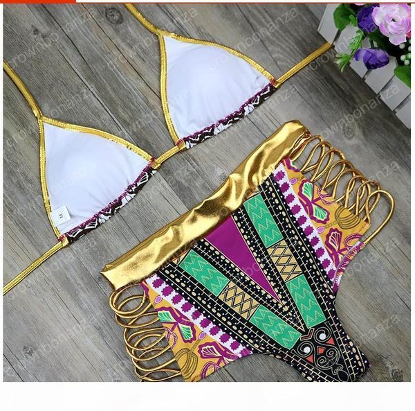 

new african print two-pieces bath suits bikini set geometric swimwear swimsuit gold high waist swimming suit, White;black