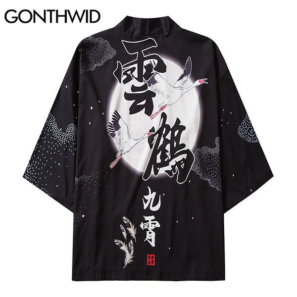 

kimono cardigan jackets shirts harajuku cranes moon print blouse yukata jacket shirt streetwear hip hop casual kg-171, Black;brown