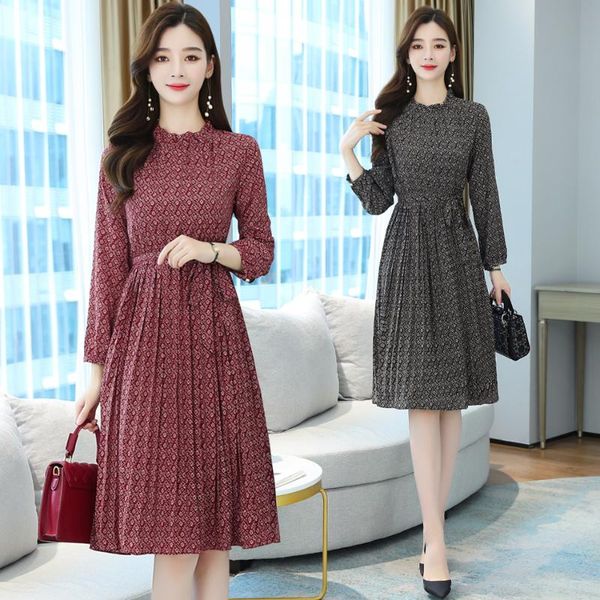 

2020 autumn print chiffon boho beach dresses korean black vintage casual office midi dress women bodycon party red vestidos, Black;gray
