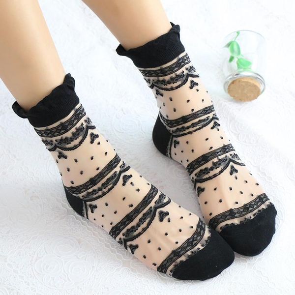 

novelty 5 pairs/lot woman spring/summer lolita flower polka dots cotton socks princess wind ultra thin transparent crystal meias1, Black;white
