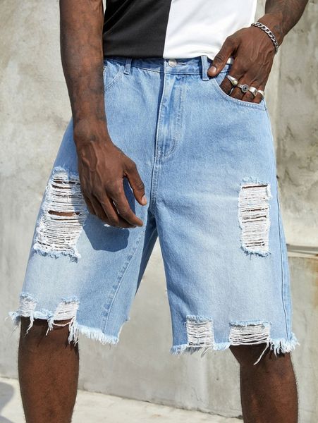 

men ripped slant pocket denim shorts u2o0#, Blue