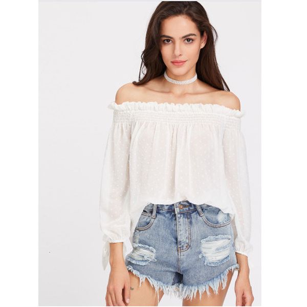 

2021 new summer solid color temperament sweet shoulder seven-point sleeve thin flower woven upper womanhood ihwj, White