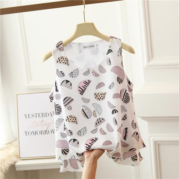 

women blouse fashion brand summer new arrival loose large size printed floral sleeveless chiffon ladies bottoming shirt 520, White