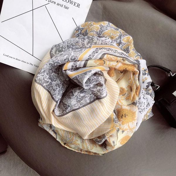 

ouoi shawl female summer travel scarf seaside beach towel spring and autumn silk scarf yellow floral sunscreen cotton, Blue;gray