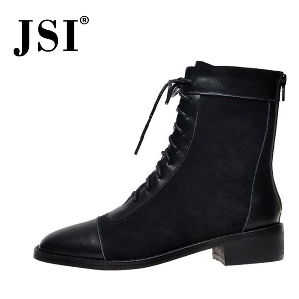 

boots jsi mid-calf low square heel genuine leather woman winter toe ladies cross-tied patchwork jo628, Black