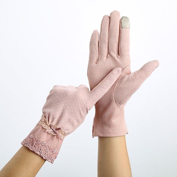 

autumn sunscreen gloves women summer lace stretch touch screen mitten anti-uv wrist short slip resistant driving glove size 23cm, Blue;gray
