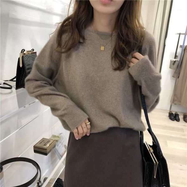

100% pure wool autumn and winter new solid color round neck pullover sweater blouse fashion wild lazy temperament loose wool1, White;black