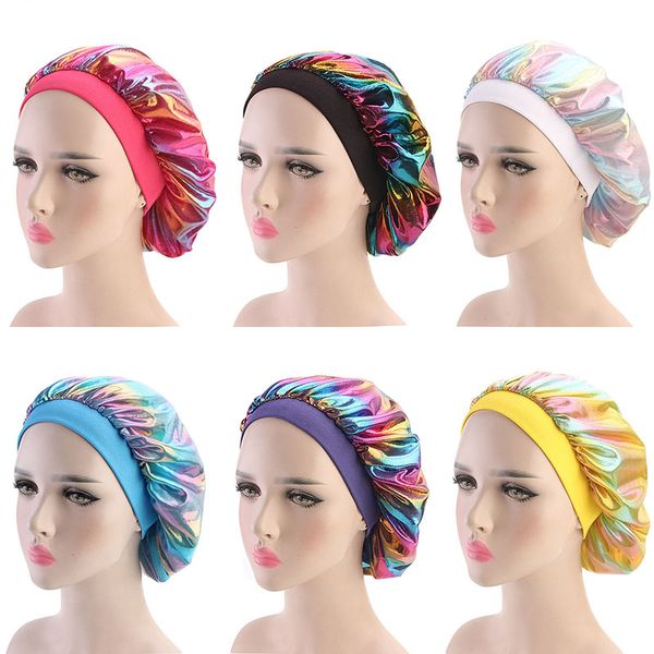 

muslim women wide stretch silk satin breathable bandana sleeping turban hat headwrap bonnet chemo cap hair accessories designer hat, Blue;gray