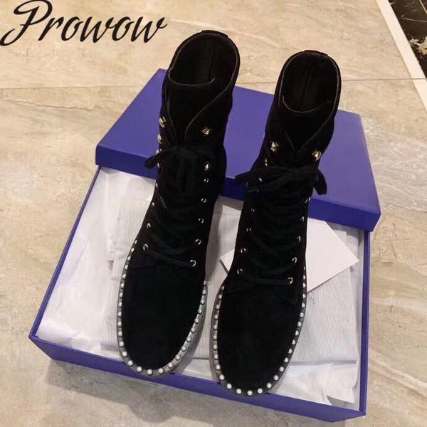 

prowow new genuine leather pearl trimmed ankle boots gladiator lace up thick heel low heel comfortable casual boots shoes women, Black