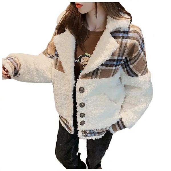 

autumn jacket woman korean loose short lambswool coat stitching houndstooth fashion women 2021 winter coats wool outerwear, Black