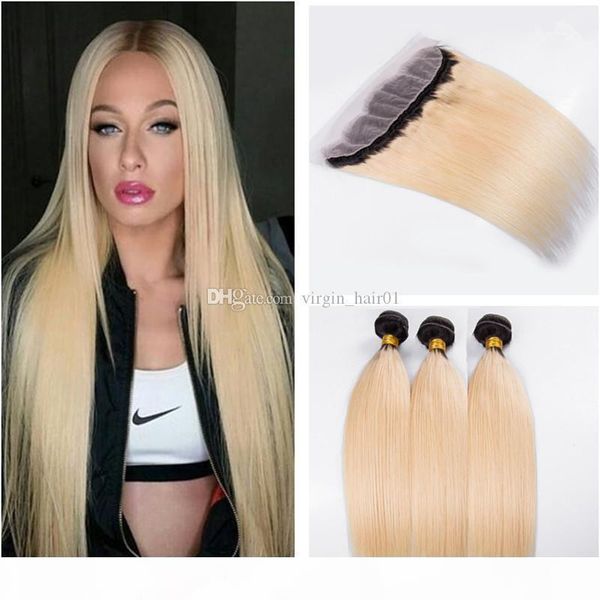 

silk straight human hair weaves 1b 613 blonde ombre hair extensions with lace frontal closure 3bundles blonde hair with full frontals, Black;brown