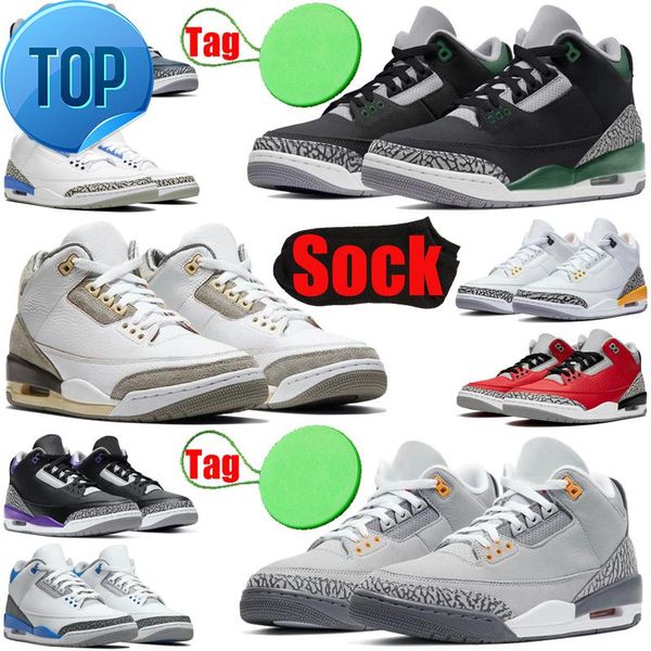 

with sock tag 3 3s mens basketball shoes jumpman racer blue white cement pine green fragment unc men trainers sports sneakers size  -13 j, Black