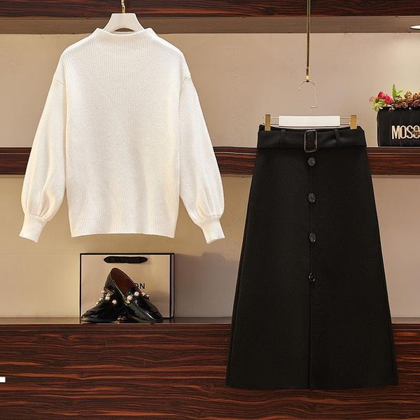 

new fashion 2021 spring solid autumn the neck-neck black-knit sweater skirt long with suit-belt two y494 parts 59jo, Gray