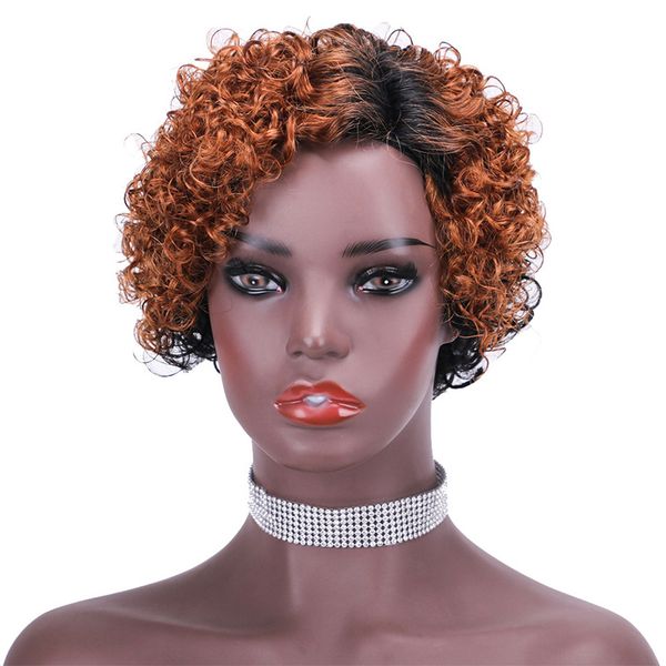 Цветные 1B/30 человеческие волосы с коротким париком Pixie Cut Curly Brazilian Remy Blueless Wigs для чернокожи