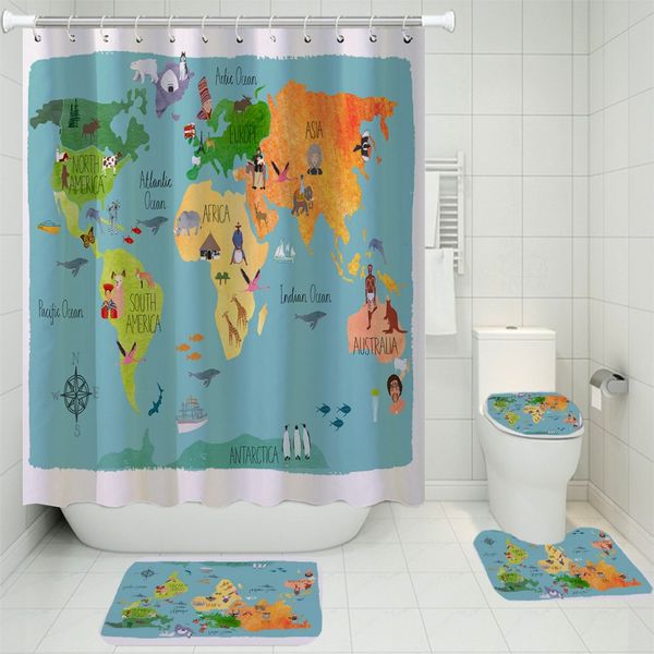 

world map shower curtain waterproof shower curtain non-slip floor mat u-shaped cushion toilet mat printing bathroom set