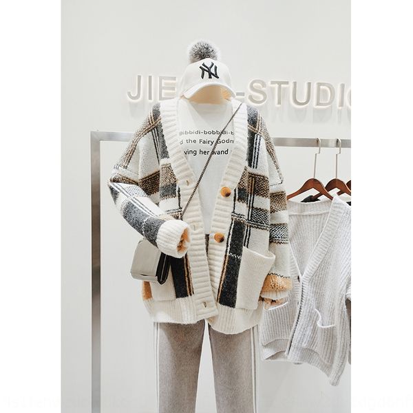 

autumn winter 2020 new knitted cardigan loose plaid bf languid medium length jacket woolwool wool chic jacket woman hqydi, White;black