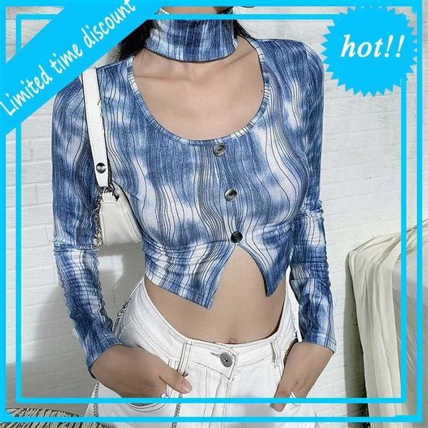 

women's clothing 2021 autumn new fashion tie dye long sleeve slim open navel t-shirt for women, White