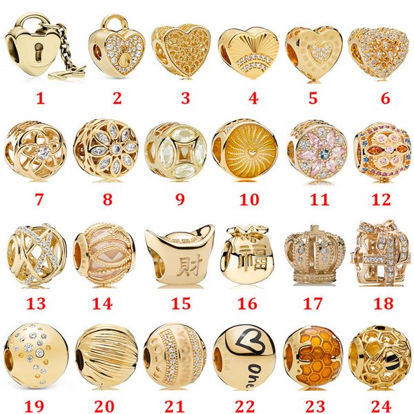 Designer-Schmuck 925 Silber-Armband-Charm-Korn passend für Pandora Love Gold glitzerndes Sternstück mit fester Schnalle Schiebearmbänder Perlen im europäischen Stil Charms mit Perlen aus Murano