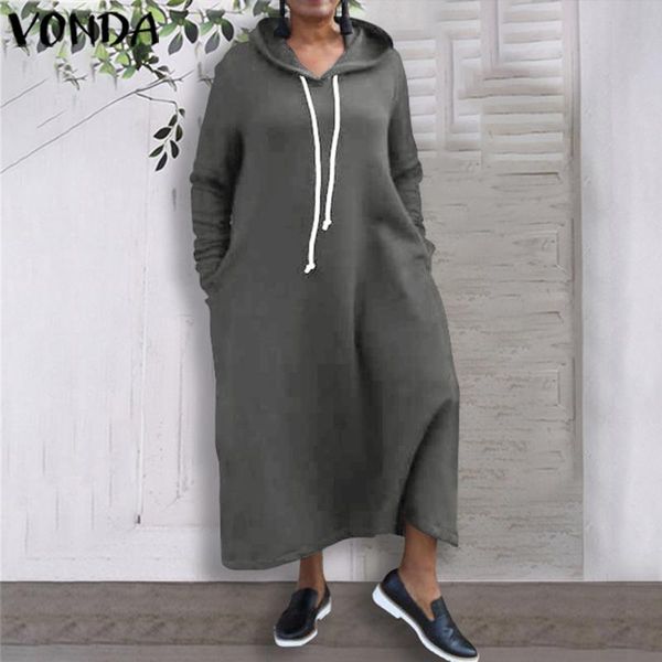 

casual dresses 2021 autumn winter fashion womens hooded sweatshirt vonda long sleeve thick hoodies sweatshirts plus size vestidos 5xl, Black;gray
