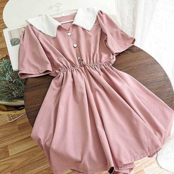 

summer pink/blue rompers women vintage short sleeve turn-down collar single breasted playsuits elegant high waist jumpsuit 2021, Black;white