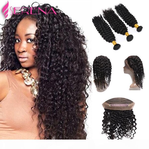 

peruvian virgin hair with frontal deep curly wave 13x4 ear to ear lace frontal closure with bundles 360 lace frontal with bundle, Black;brown