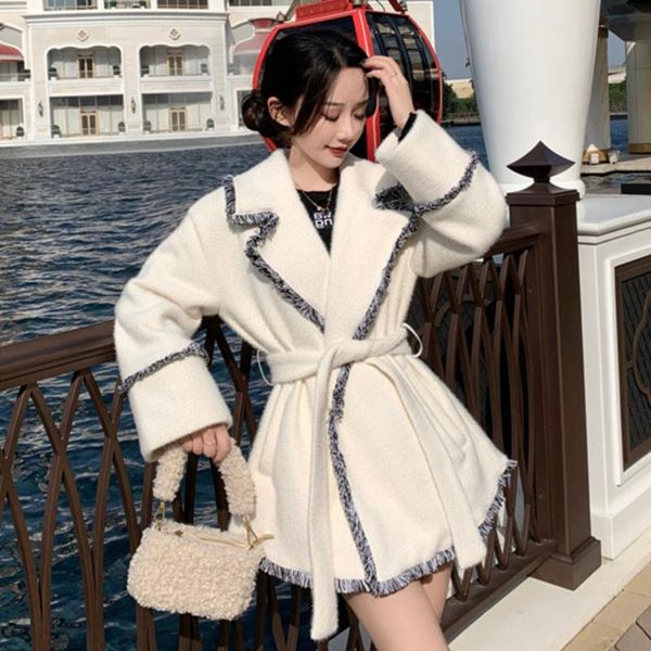 

women's wool & blends [ewq] 2021 winter female fashion casual turn down collar long-sleeved minimalist patchwork lace up woolen overcoa, Black