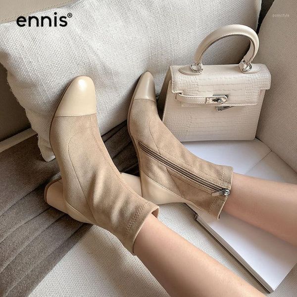 

ennis 2020 autumn flock women boots round toe stretch boots middle heel chunky ankle black winter zipper lady shoes a00161