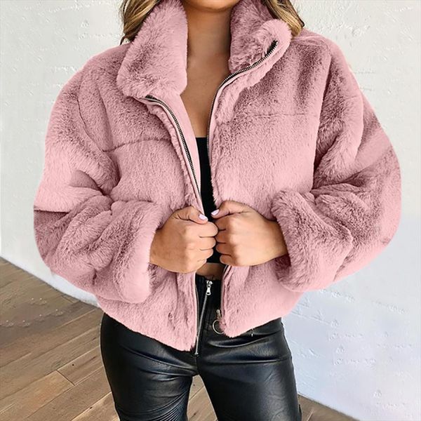 

faux fur coat jacket women autumn winter new zipper turn down collar outerwear pocket casual hairy overcoat, Black