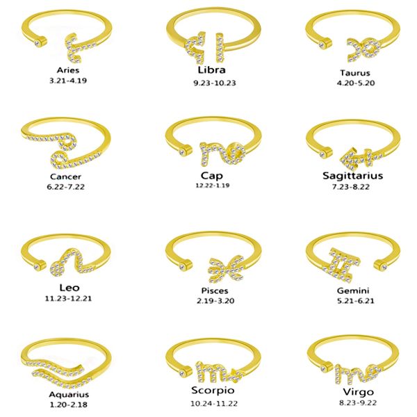 Trendy Tiny Open Gold 12 Constellation Anelli per le donne Zircone regolabile Zodiac Anelli Gioielli di personalità Miglior regalo di compleanno