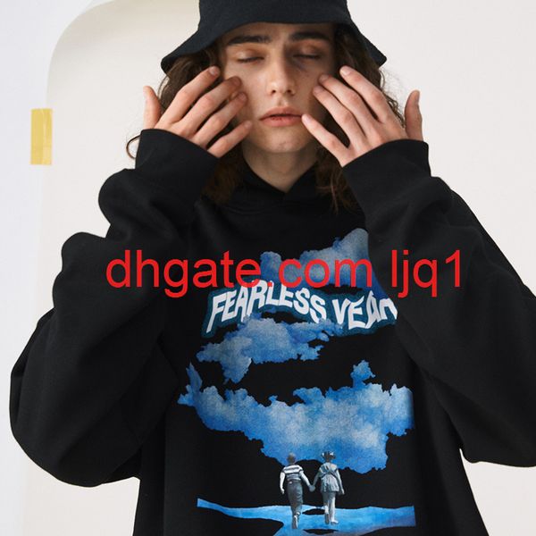 

wxwovdy fashion brand personalized print drop shoulder loose hooded couple's sweater hoodie fleece hoodie, Black