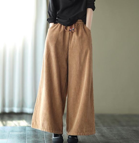 

retro pants women corduroy fleece thick solid color casual wide leg trousers wild female autumn winter, Black;white