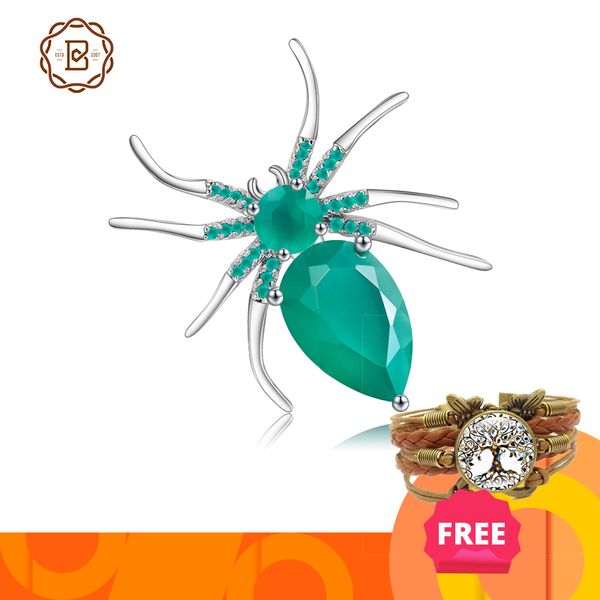 

gem's ballet natural green agate gemstone brooch 925 sterling sliver handmade design spider brooches for women fine jewelry 201009, Gray