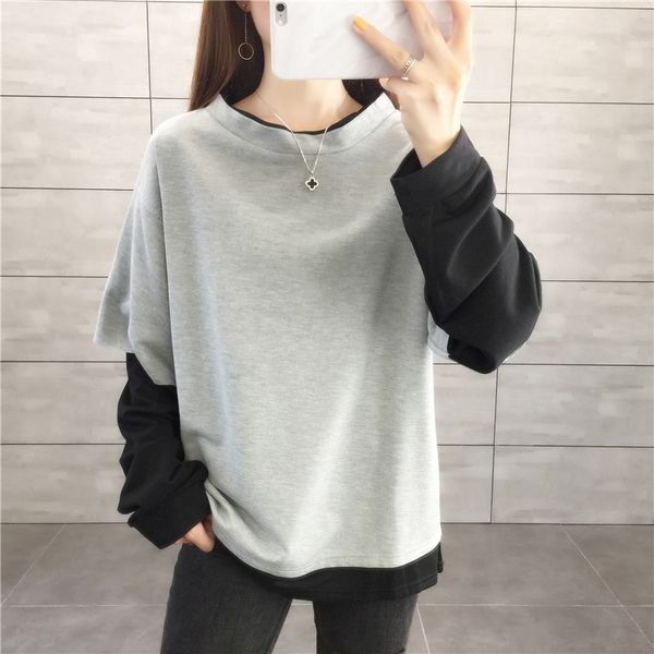 

spring new stylestyle loose and thin round neck pullover sweater pullover t-shirt for women's fashion versatile and fake two-piece swea, Black