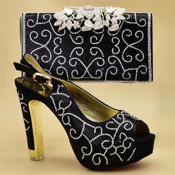 

dress shoes latest design african women wedding pumps elegant high heels italian party and bag set decorated with rhinestones1, Black