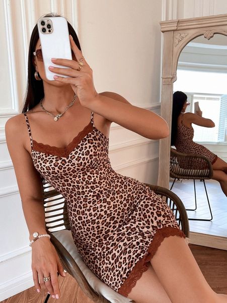 

leopard print contrast lace bodycon cami dress y4h0#, Black;gray