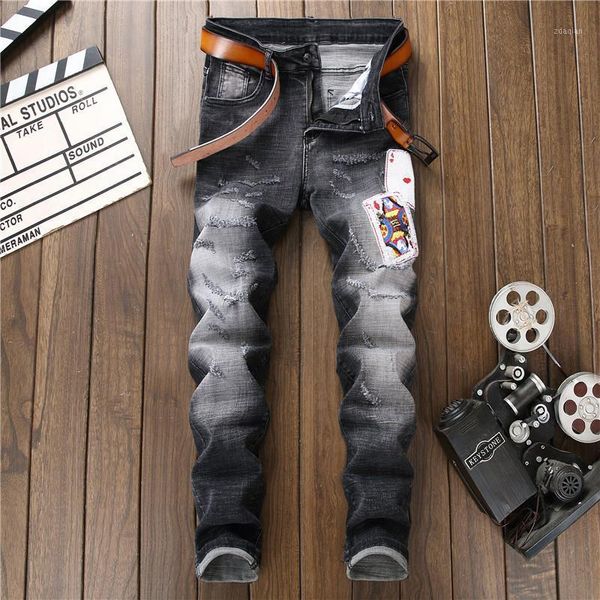 

original design new european and american fashion fashion black embroidery poker badge elastic men's tight jeans1, Blue