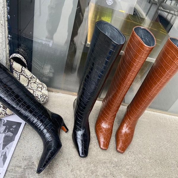 

new women boots shoes woman fashion high heels autumn winter knee boots square toe black brown long 40