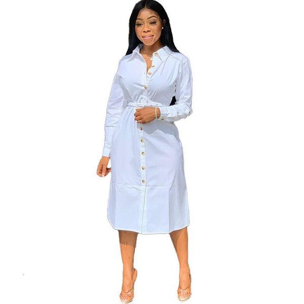 

2019 autumn white shirt dress women button-up knee-length long sleeve shift dress office lady loose casual tunic basic dresses, Black;gray