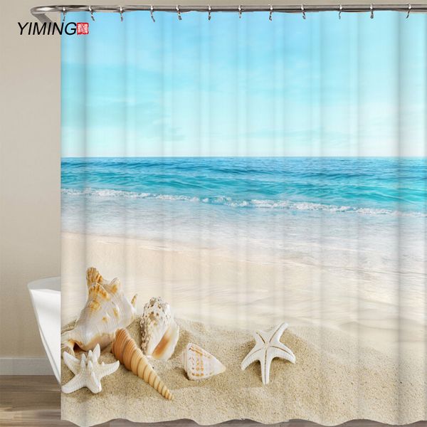 

yiming 200x180cm ванная водонепроницаемой занавески пляж морских раковины печать полиэфирного украшение дома занавес с крюком