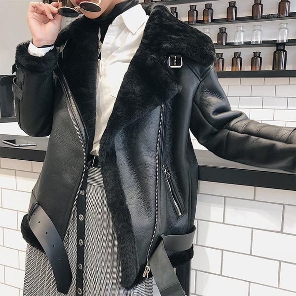 

women's leather & faux big women winter size long sleeve thicken warm zipper v-neck parka casual female genuine fur coat c 8181, Black