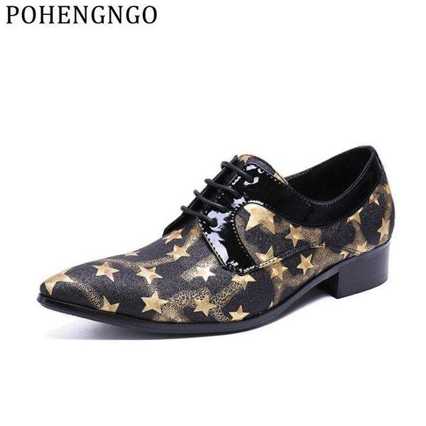 

luxury star print pointed men formal oxford shoes fashion genuine leather dress wedding shoes lace-up men suit social, Black