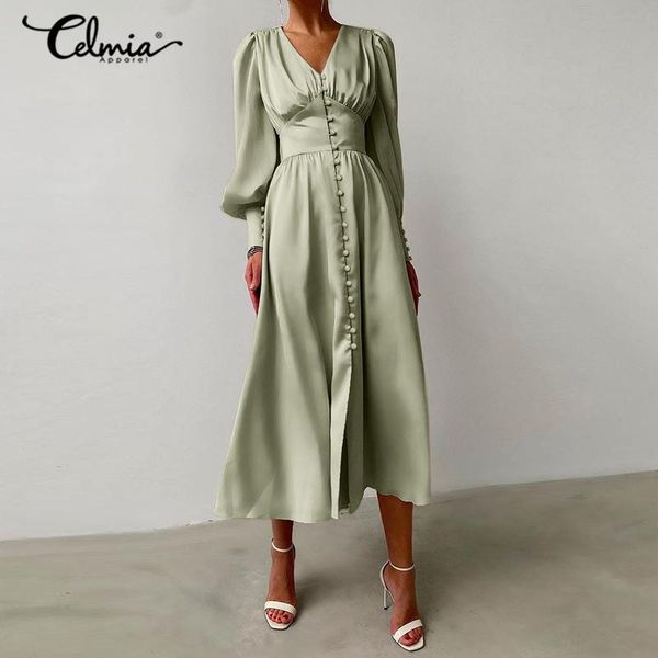 

celmia fashion lantern sleeve satin dress women v neck midi sundress elegant single breasted party club high waist dresses, Black;gray