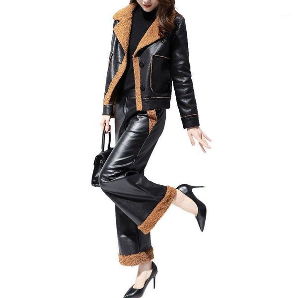 

women's suit winter fashion suit pu leather clothes two-piece pants short coat lamb wool stitching for women1, Gray