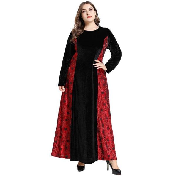 

casual dresses winter women ethnic velvet lace splicing maxi dress fashion full sleeve plus size evening party african arabic muslim gown, Black;gray