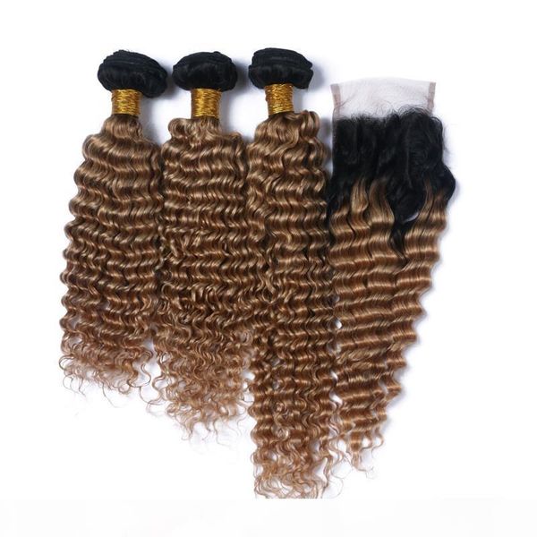 

deep wave virgin indian honey blonde human hair weaves with closure two tone 1b 27 light brown ombre 3bundles with 4x4 lace closure, Black;brown