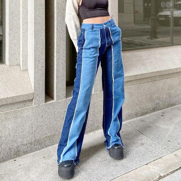 

high waist color patchwork jeans women 2020 casual tassel baggy cargo denim pants hip hop washed boyfriends mom jeans streetwear1, Blue