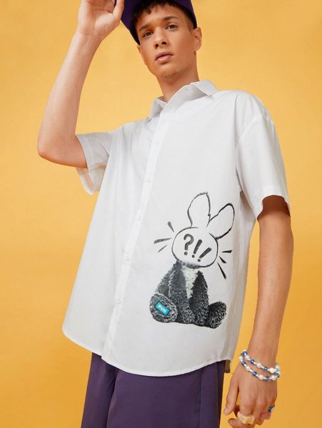 

men rabbit graphic drop shoulder single breasted shirt x11j#, White;black