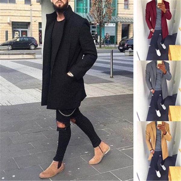 

outerwear male spring casual lapel mid-length coats man woolen coat fashion occident trend solid color long sleeve cardigan windbreaker, Black