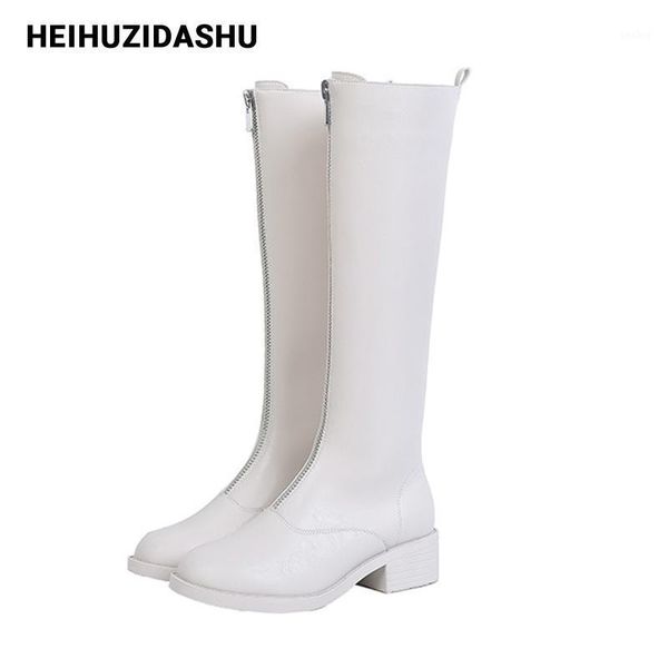 

knee high boots women front metal zipper white low-heel knight boots 2020 autumn/winter fashion women with plush 34-411, Black