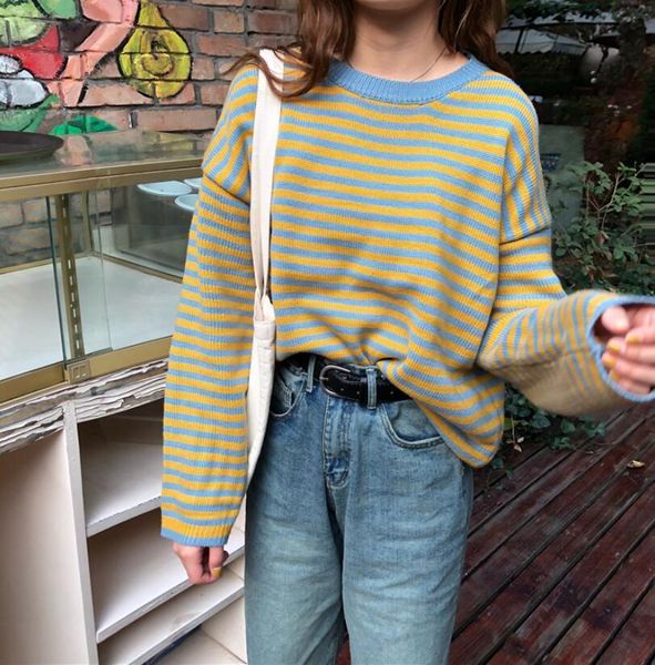 

autumn winter korea's new college wind loose spell color striped sweater women 201031, White;black